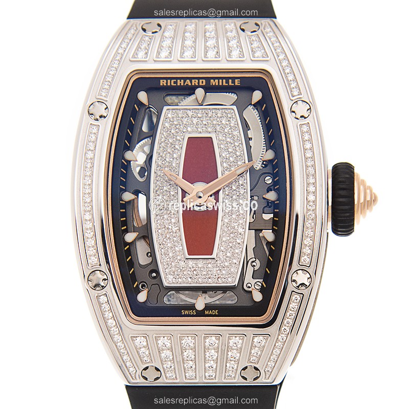 Richard Mille RM07-01 Replica - Automatic - 18kt White Gold - Red Dial - Diamond - Black Rubber Strap
